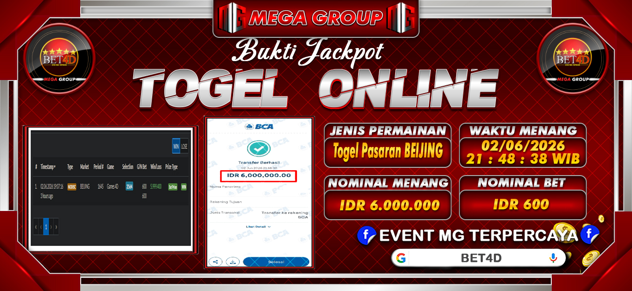 Bukti JP situs Bet4D hari Selasa, 02 Juni 2026