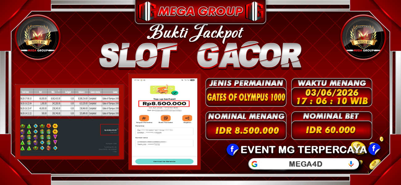 Bukti JP situs Mega4D hari Rabu, 03 Juni 2026
